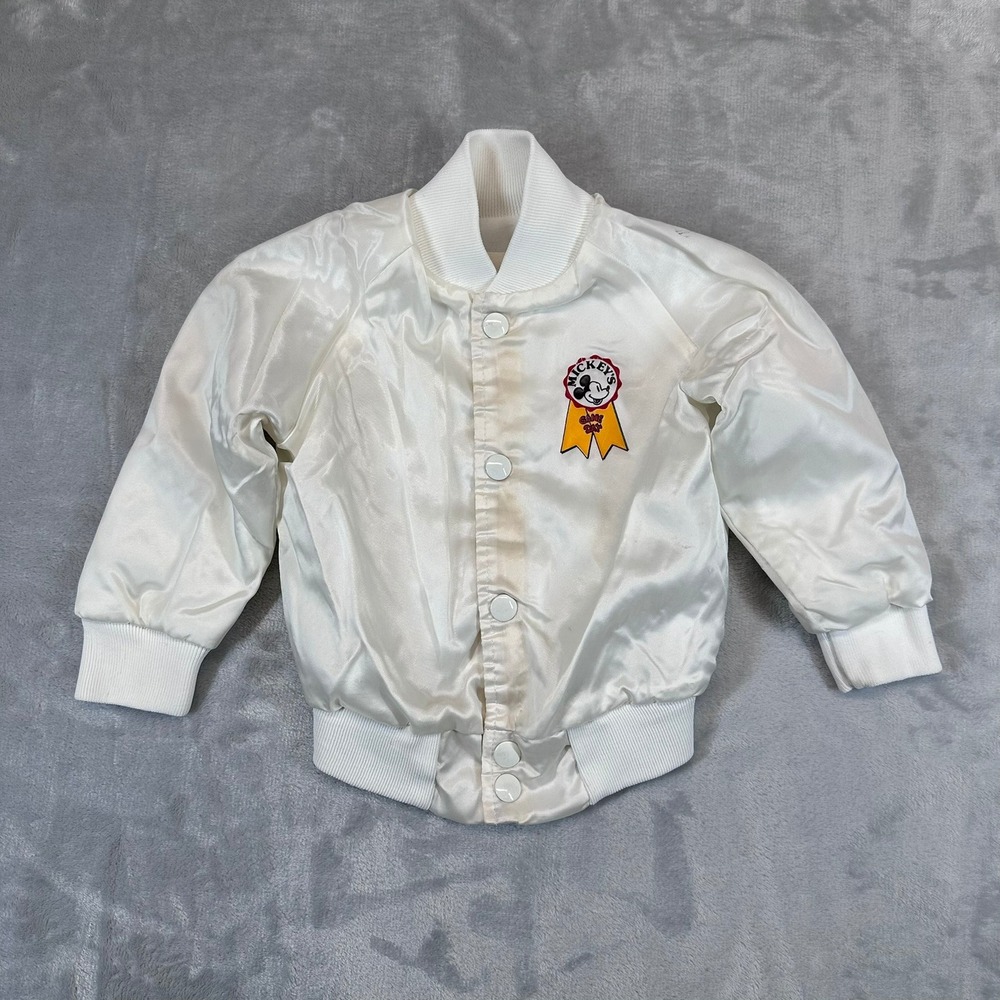 Chalk Line Varsity Jacket Kids 2 White Mickey Mouse Game Day Vintage Satin‎ Snap